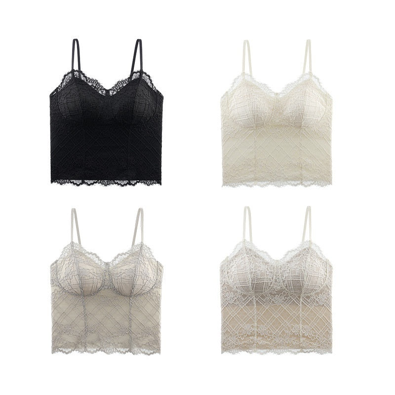 French-style Eyelash Lace Camisole For Women One-piece With Padded Cups