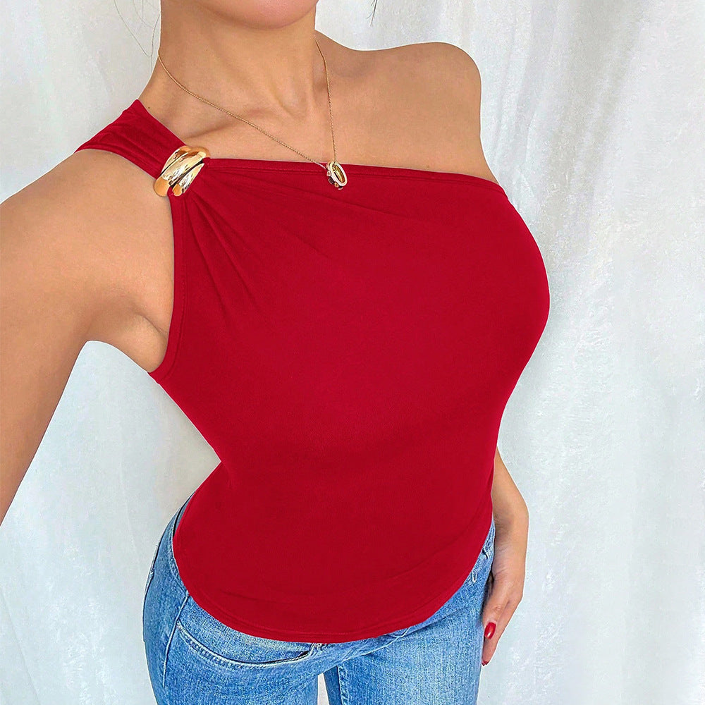 Red Vest Summer Sleeveless Off-Shoulder Slimming T-Shirt Top