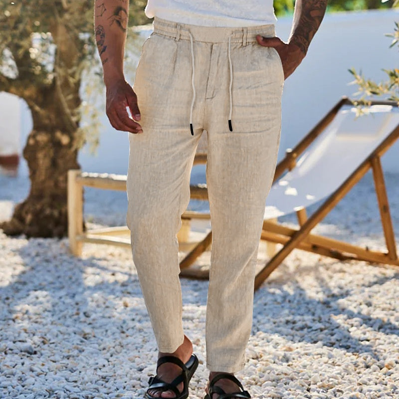 Autumn Thin Casual Cotton And Linen Drawstring Straight-leg Trousers