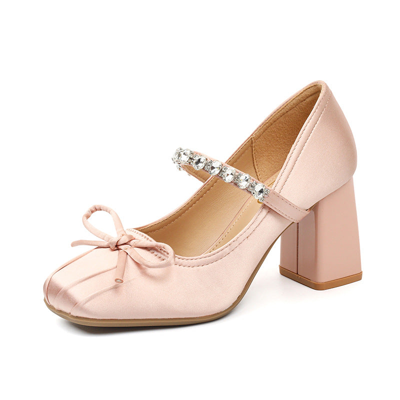Women's Bow-Tied Square-Toe Rhinestone Chunky Heel High Heels