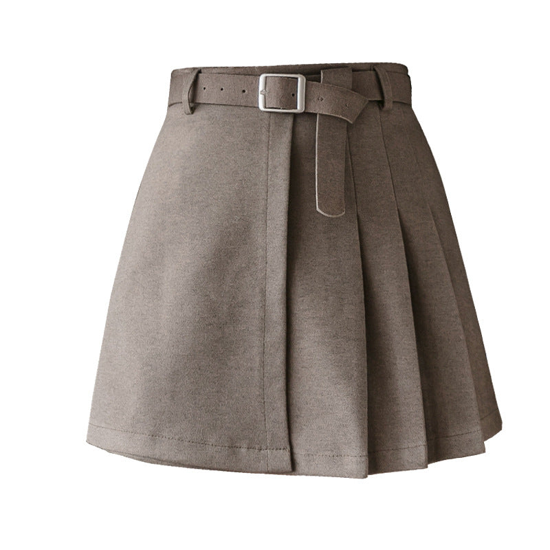 Woolen High Waist Bag Hip Black Slim Pleated Skirt
