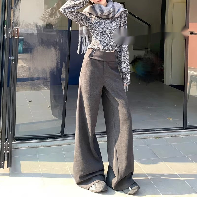 Dark Gray Wool High-waisted Slimming Loose-fit Casual Pants