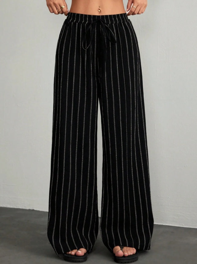 Plus Size High-Waisted Textured Wide-Leg Pants Pear-Shaped Body Slimming 2026 Summer Style Lazy Style Vertical Striped Wide-Leg Pants