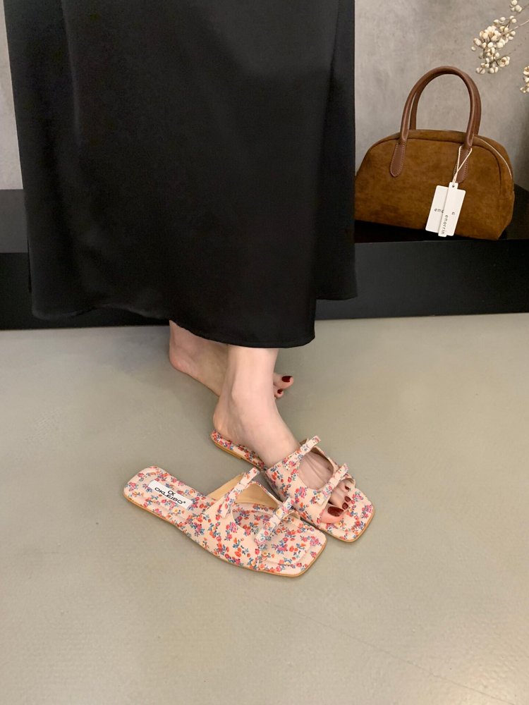 Women's Korean Style Bow Hollow Flat Slide Sandals, New 2026 Summer Design, French Square Toe Beach One-Strap Slides For Outdoor Wear