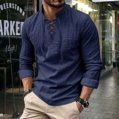 Long-sleeve Cotton-linen Open-chest Drawstring Shirt Men's Shirt Polo Shirt