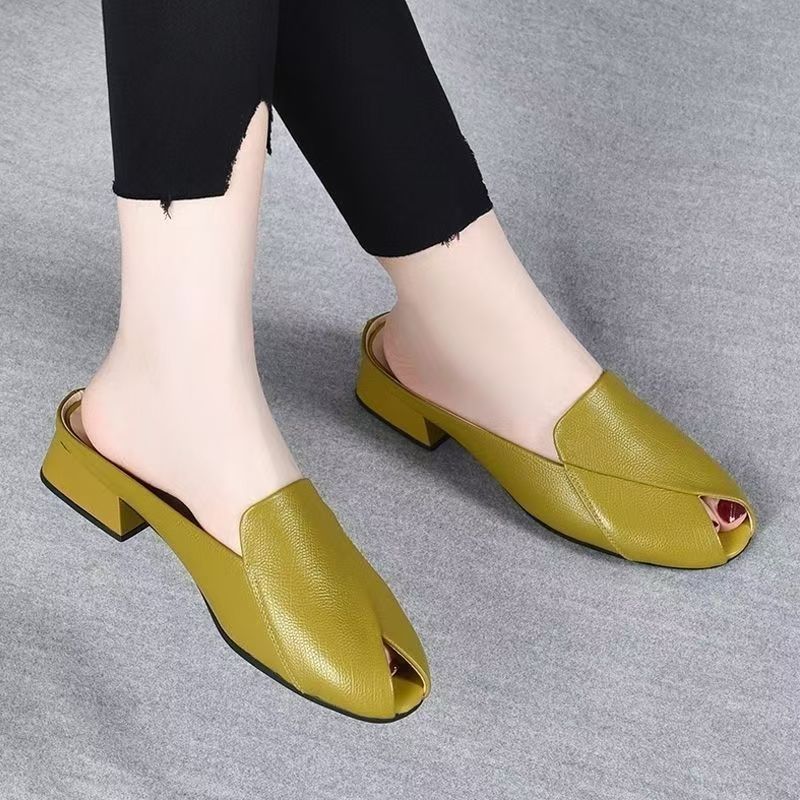 New Summer Women's Peep Toe Thick Heel Fashion Slippers, Closed Toe Half Slippers, Soft Leather Outdoor Sandals