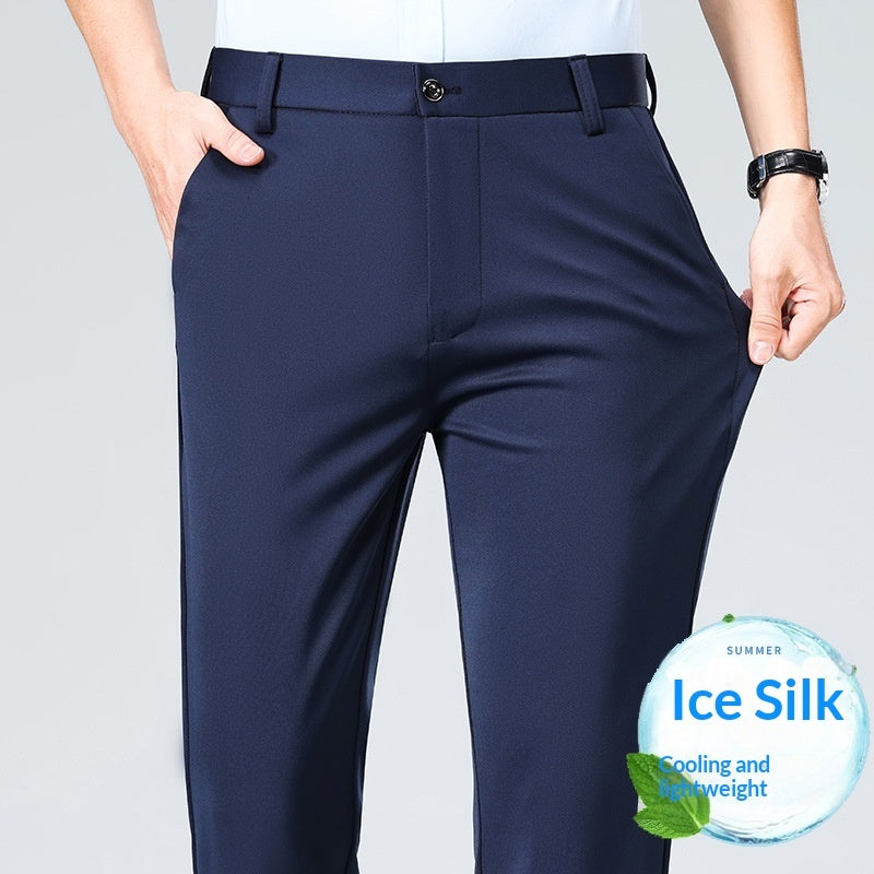 Summer Thin, Slim-Fit, Straight-Leg Business Ice Silk Wrinkle-Resistant Mens Casual Pants