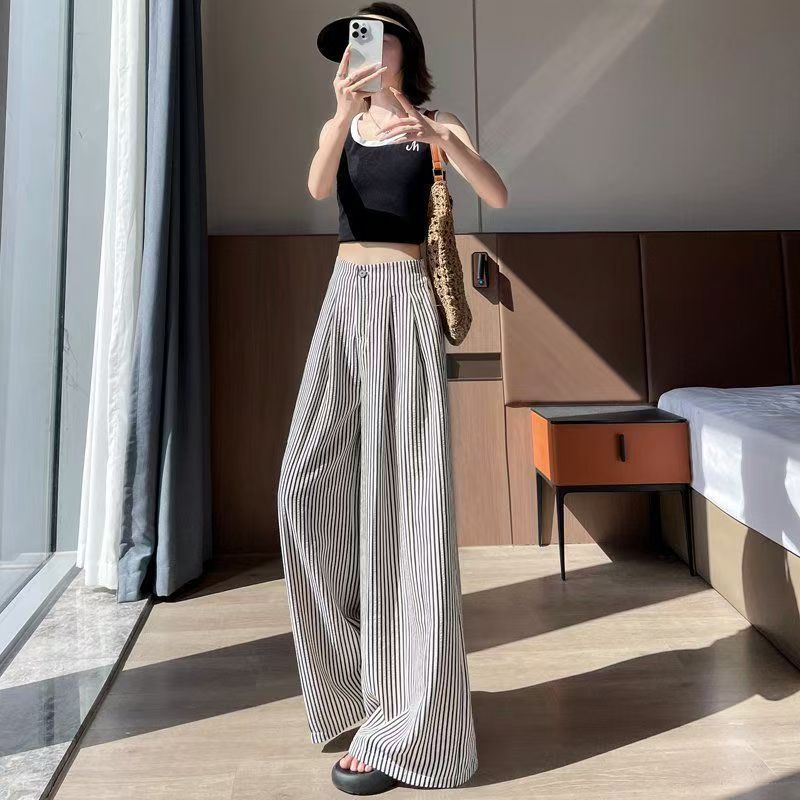 High-waisted Relaxed-fit Slim-fabric Casual Striped Straight-leg Pants