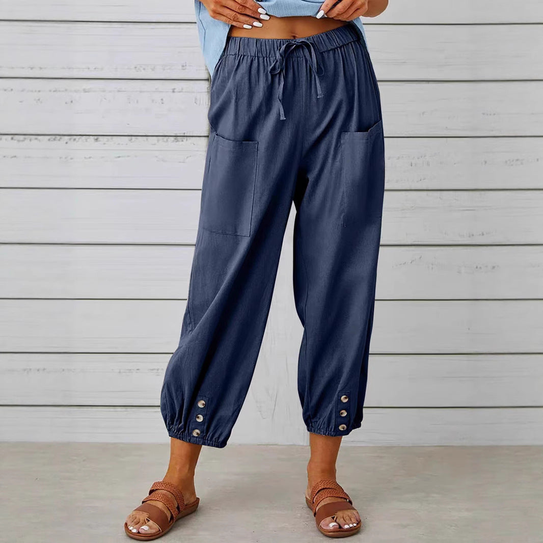 Buttoned Two-tone Linen Cropped Harem Pants