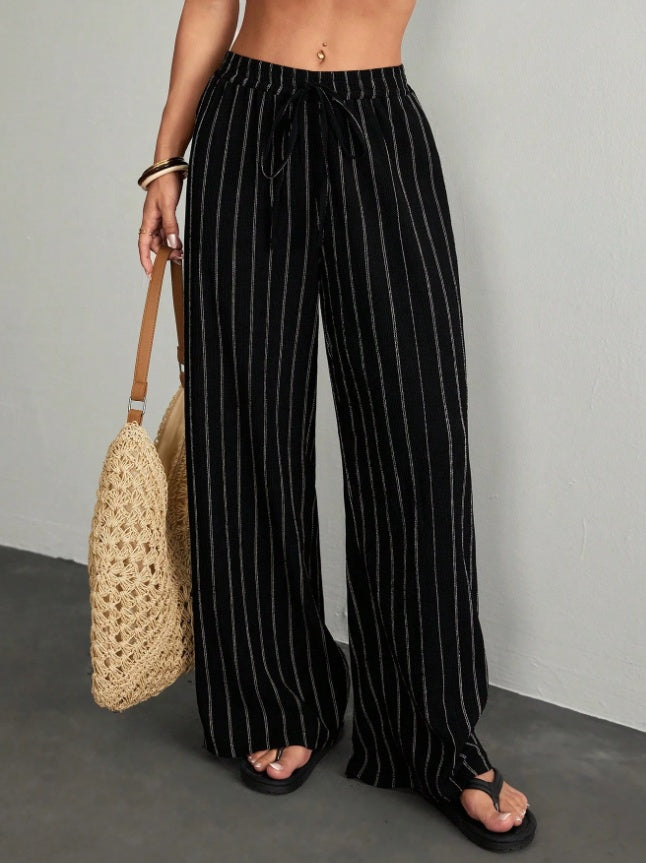 Plus Size High-Waisted Textured Wide-Leg Pants Pear-Shaped Body Slimming 2026 Summer Style Lazy Style Vertical Striped Wide-Leg Pants