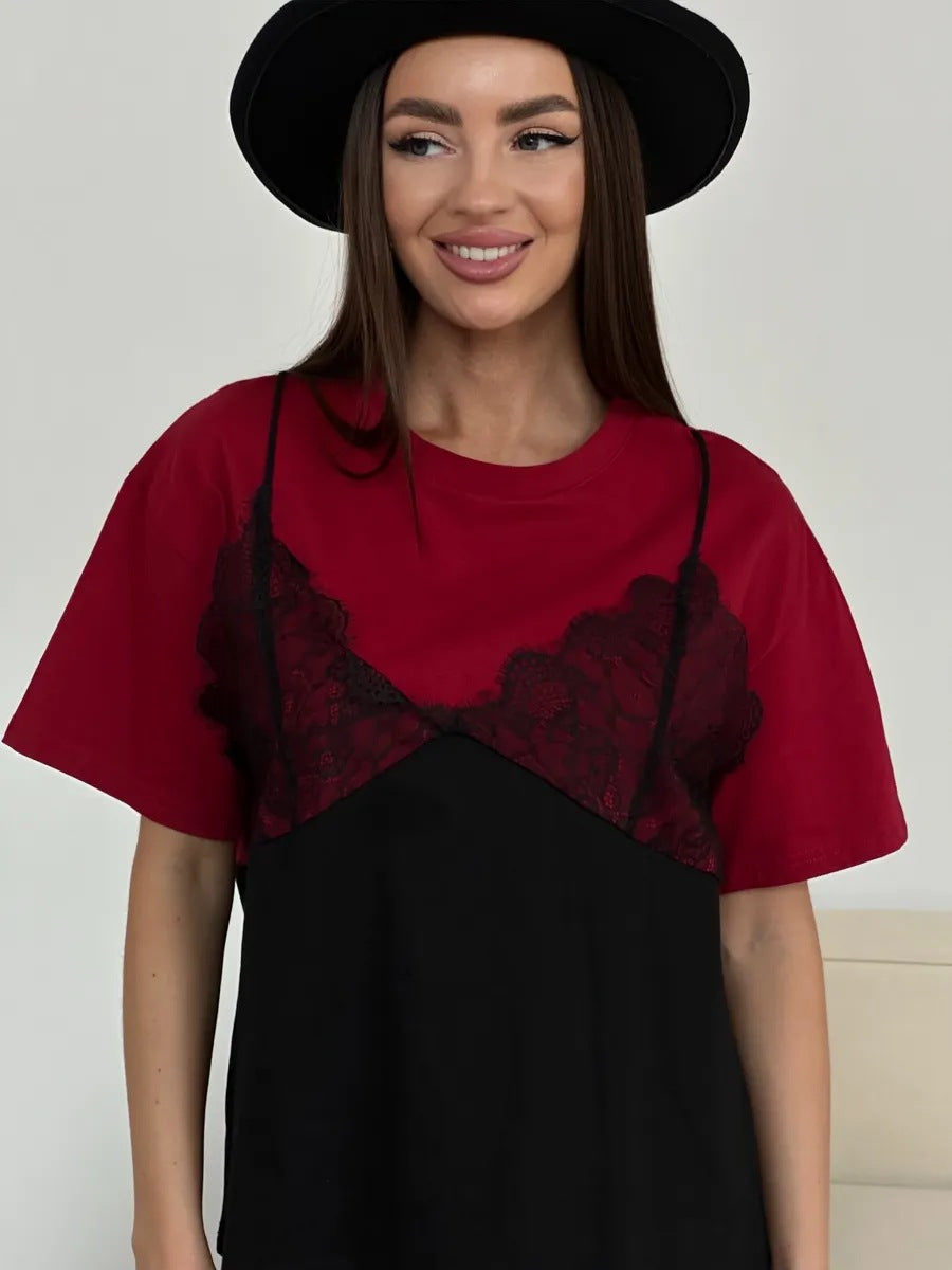 Women's Lace-Patchwork Loose Basic Crew-Neck Short-Sleeve T-Shirt