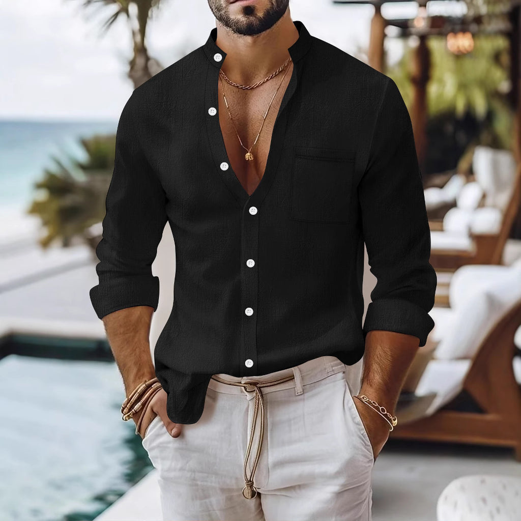 Solid-color Cotton-linen Shirt, Mandarin-collar Cardigan, Long-sleeve Business-casual Shirt