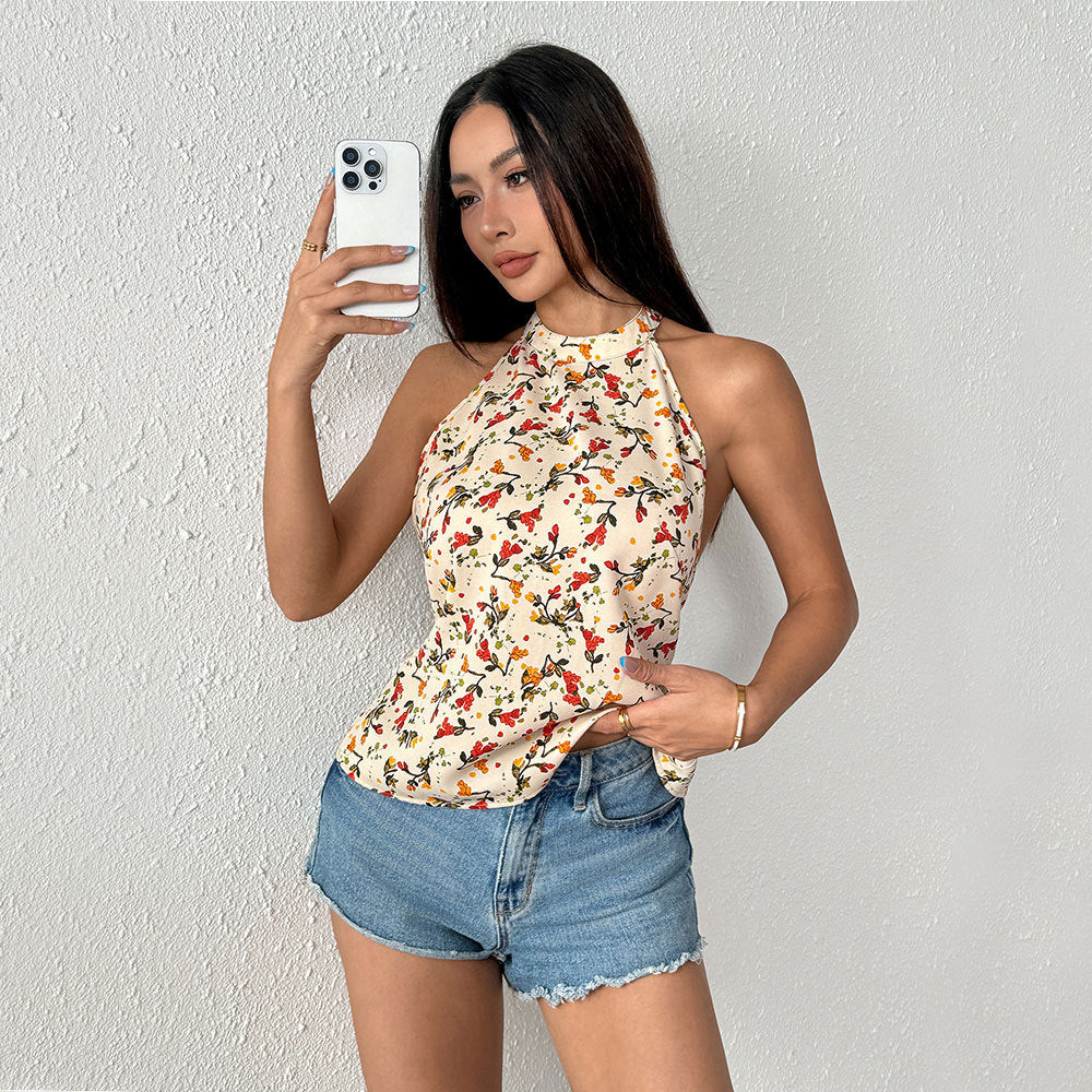 Summer Floral Halter Backless Design Top