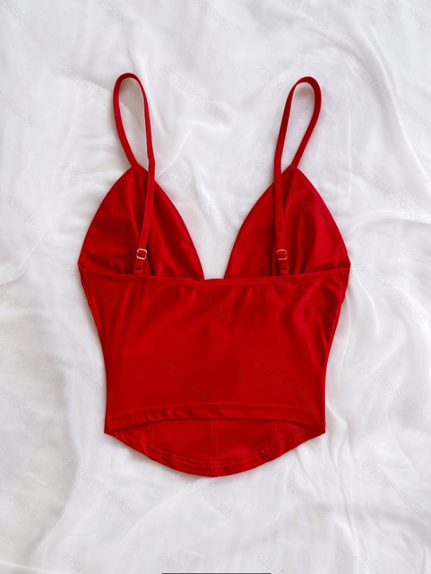 Women's Spring And Summer Fashion Retro Sexy V-Neck Off-Shoulder Design Knitted Camisole Top Suitable For Dates