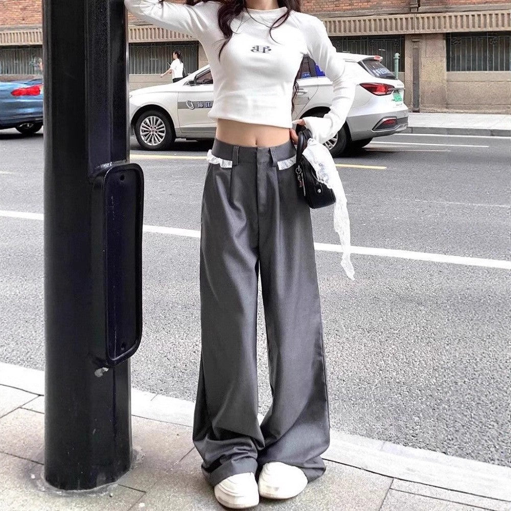 Lace-trimmed Casual Draping Straight-leg Floor-length Wide-leg Pants