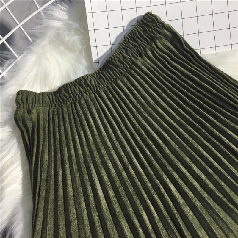 Deerskin Velvet Pleated Skirt Female High-waisted A-line Skirt All-match Big Hem