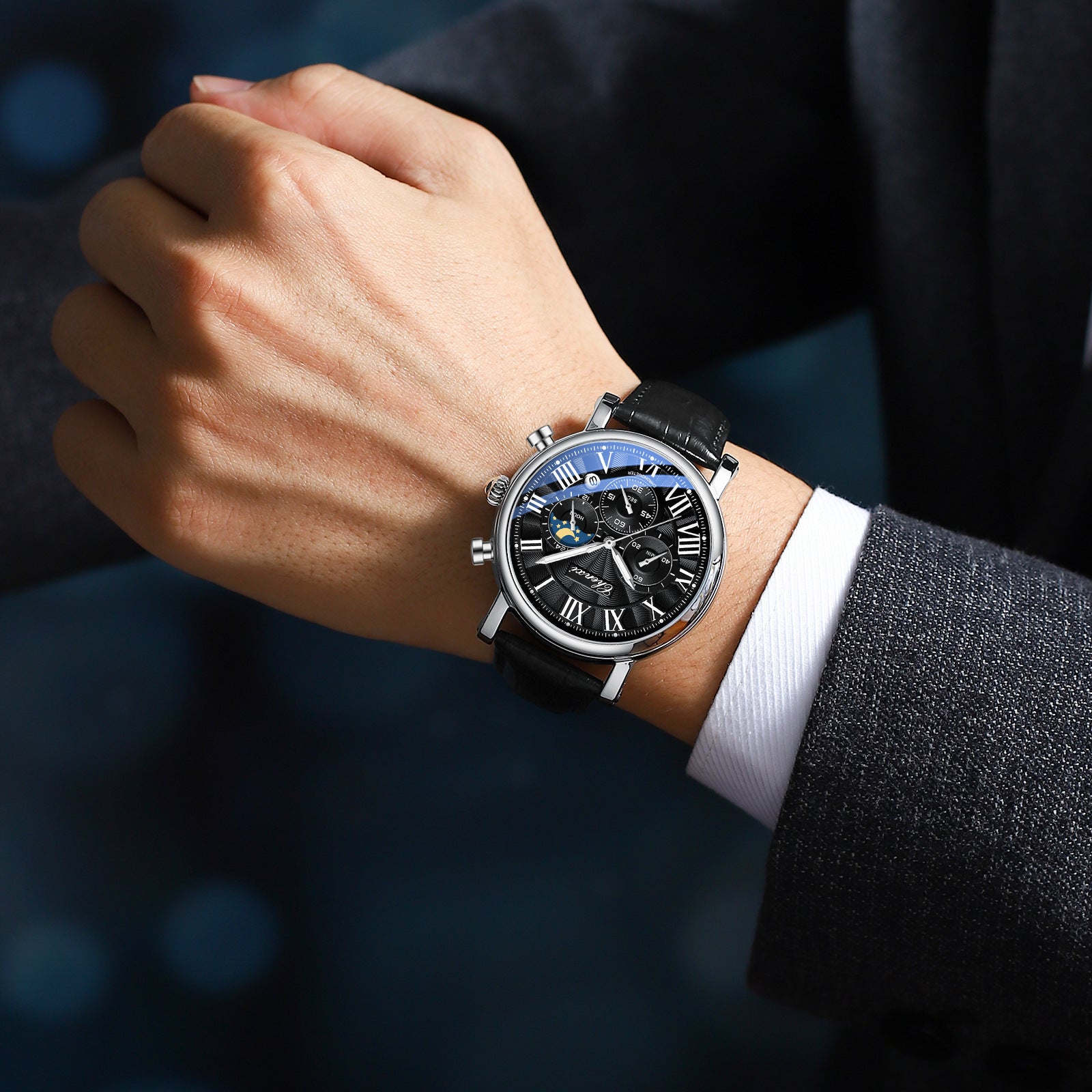 Multifunctional Mens Business Moon Phase Calendar Waterproof Watch