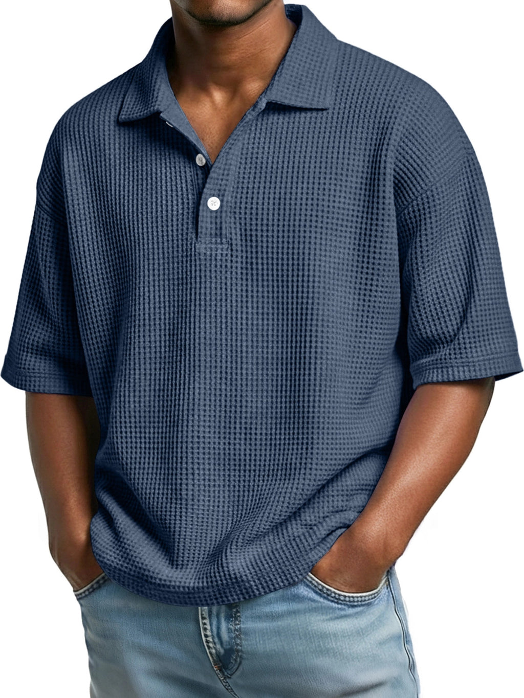 Mens Minimalist Basic Waffle-knit Button-up Collar Top