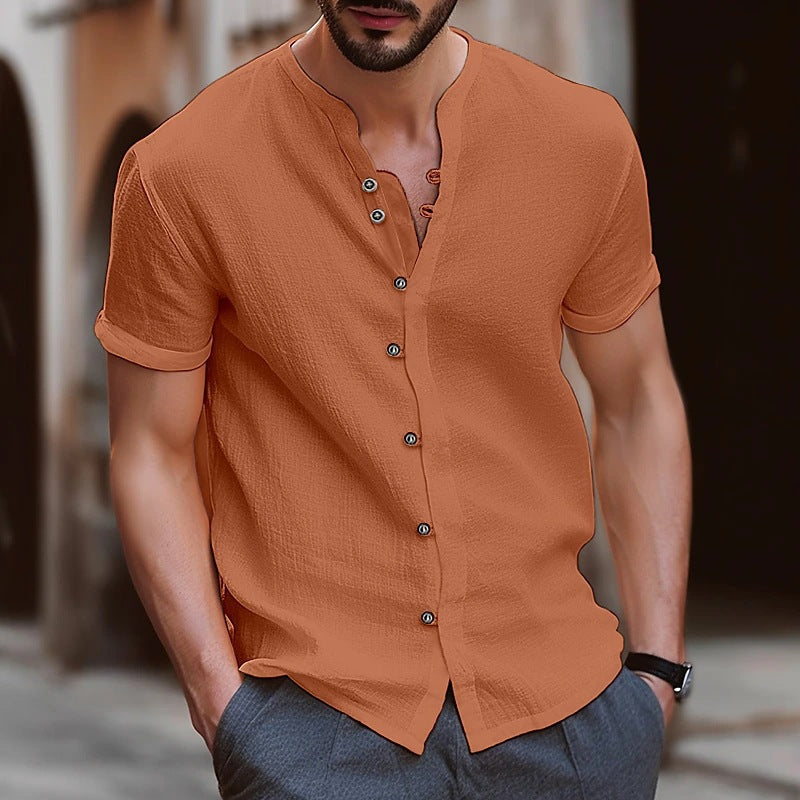 Stylish Mens Retro Button Cotton-linen Casual Short-sleeve Shirt