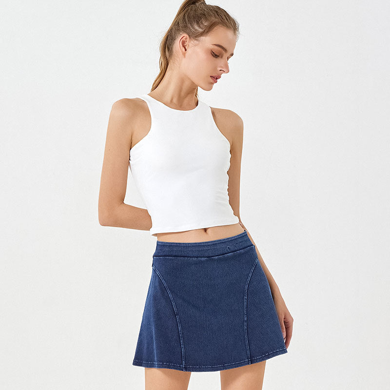 Spring And Summer High Elastic Fake Two Pieces Denim Yoga Skirts