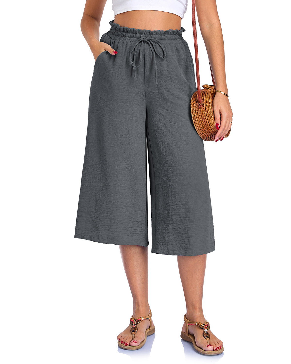 Women's Solid Color All-Match Elastic Cropped Pants Loose Wide-Leg Trousers