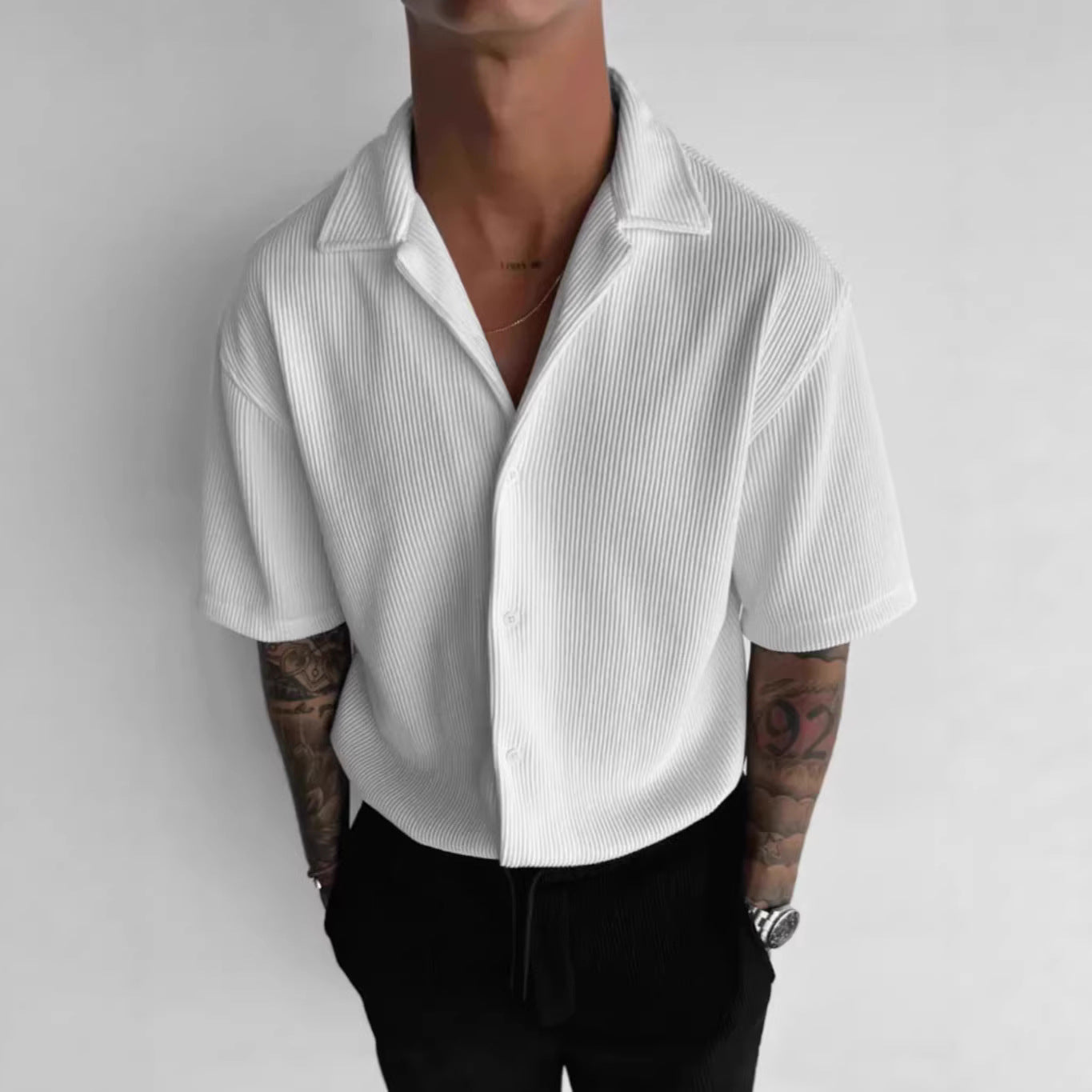 Mens Solid-Color Short-Sleeve Casual Cardigan Shirt