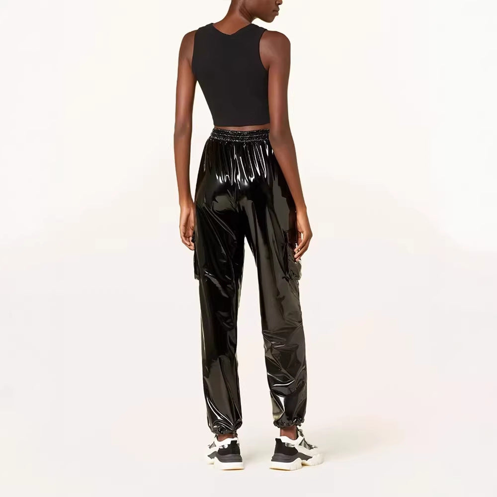 Mirror-finish Patent Leather Stretchy Loose Casual Leather Pants