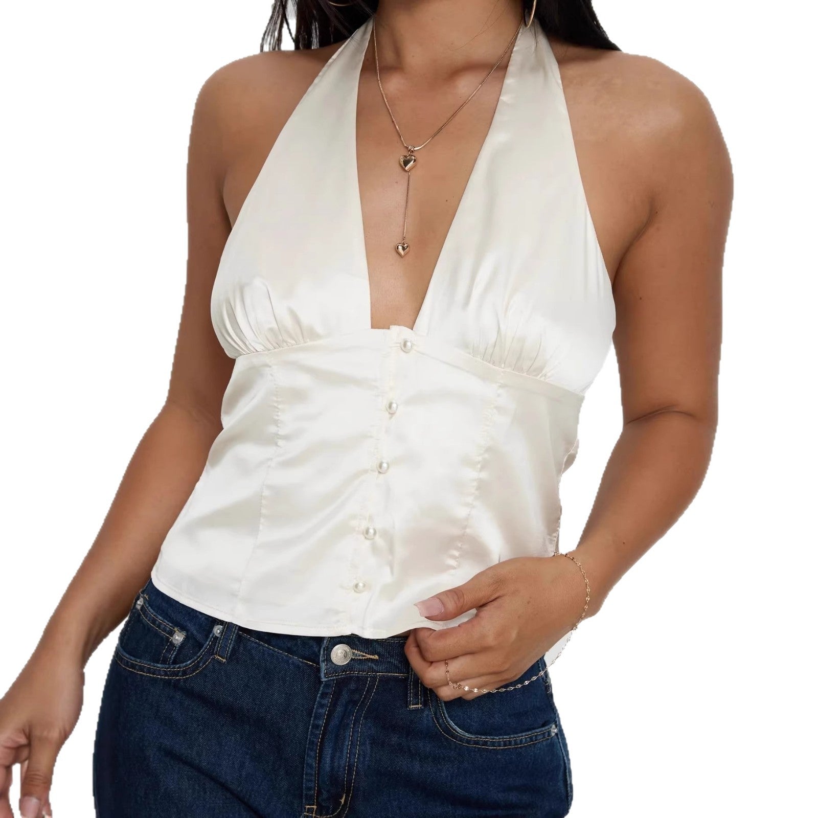 Solid-color Sexy Spaghetti-strap V-neck Halterneck Backless Cinched-waist Womens Outfit