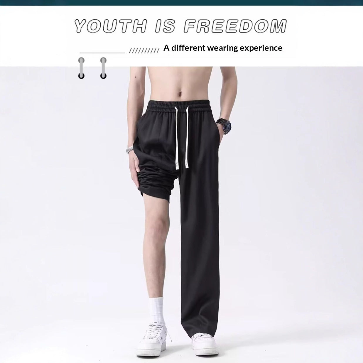 Black Casual Ice-silk Pants Men's Summer Thin