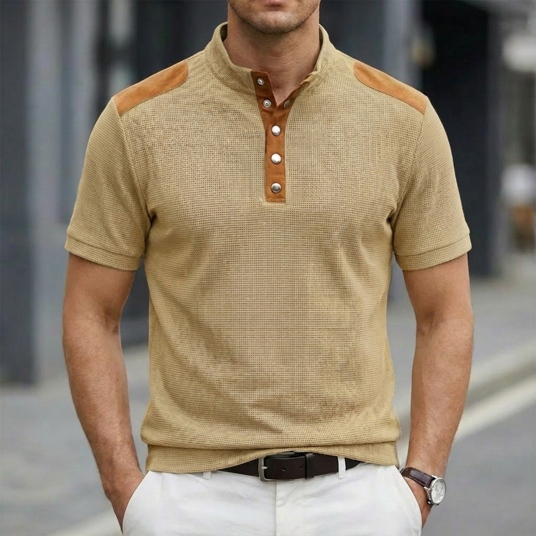 Casual Breathable Buttoned Stand Collar Color-Block Short-Sleeve Mens T-Shirt