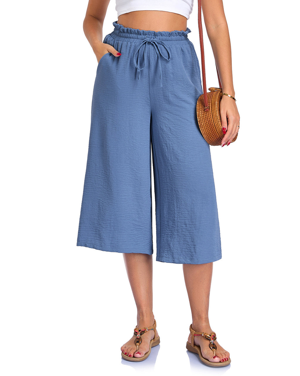 Women's Solid Color All-Match Elastic Cropped Pants Loose Wide-Leg Trousers