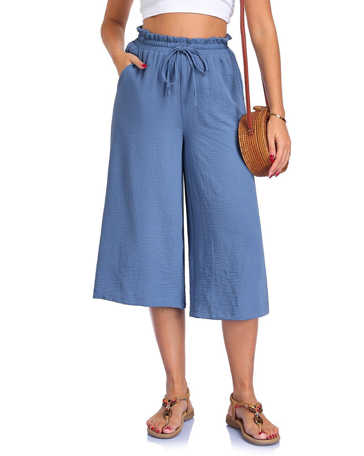 Women's Solid Color All-Match Elastic Cropped Pants Loose Wide-Leg Trousers