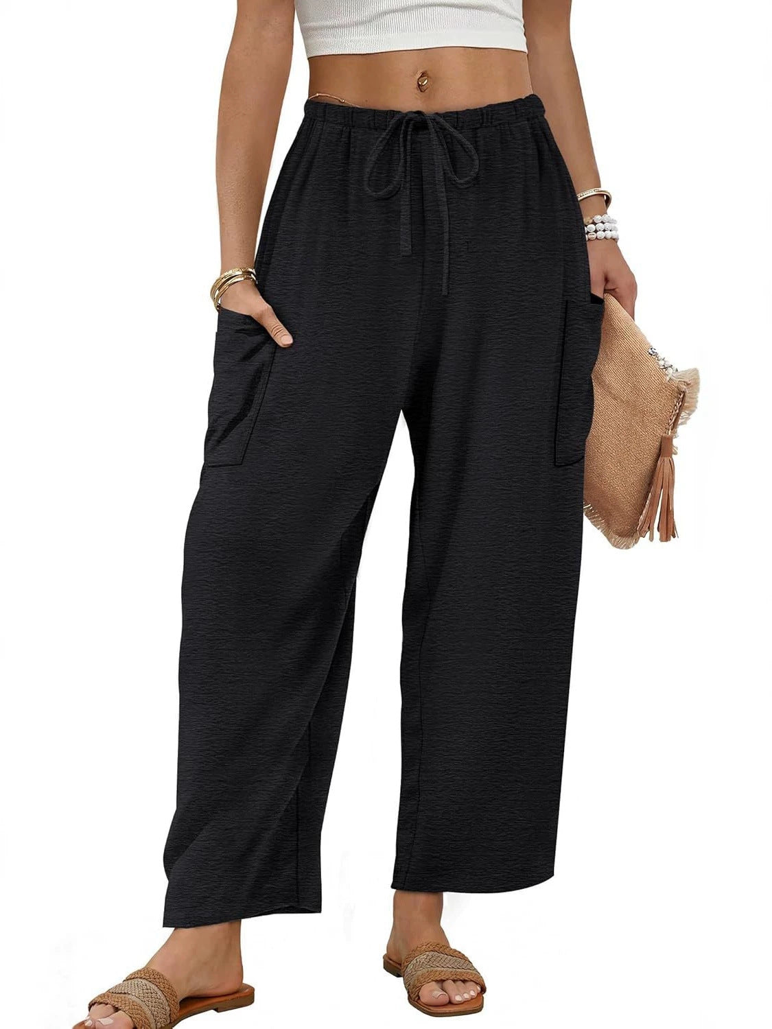 Women's Linen Pants With Belt And Pockets