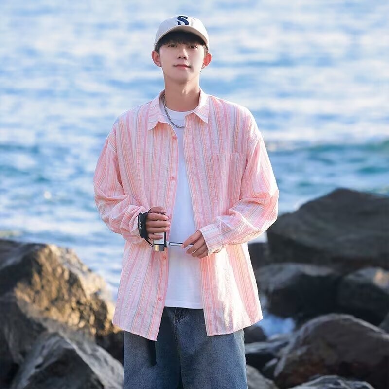 Versatile Sun-Protective Long-Sleeve Shirt Loose-Fit Striped Casual Mens Shirt