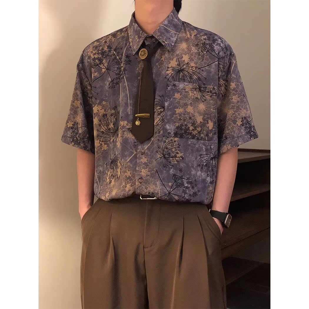 Retro Loose Printed Short-Sleeve Shirt Top Men's
