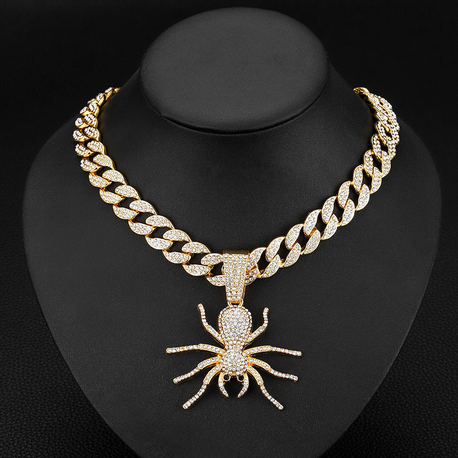 Gothic Full-Crystal Personalized Spider Pendant Necklace Punk Rock Retro Insect Pendant Chain