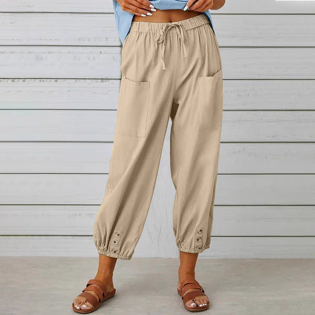 Buttoned Two-tone Linen Cropped Harem Pants