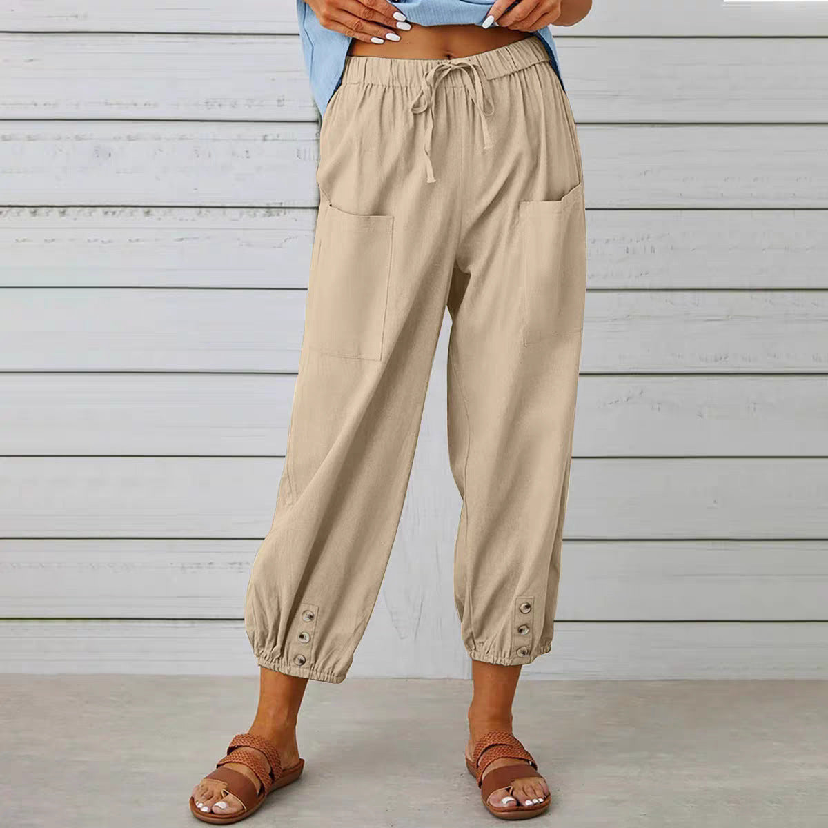 Buttoned Two-tone Linen Cropped Harem Pants