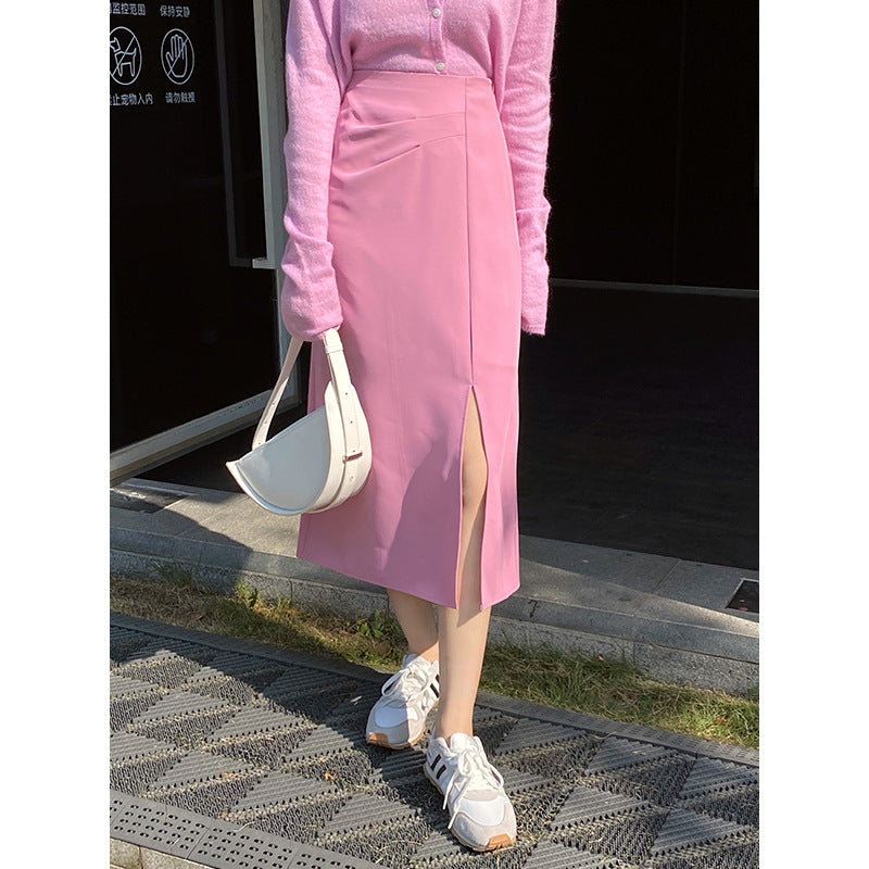 Women's Solid Color Versatile Mid Length Slit Skirt