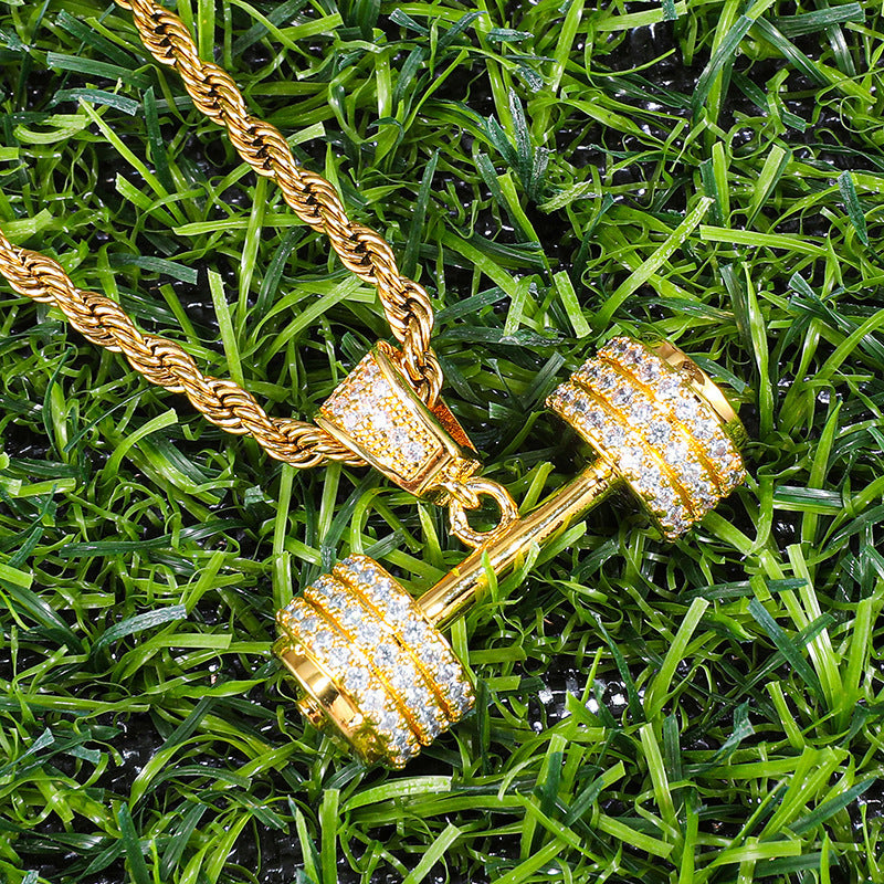 Euro-American Full-Crystal Hip-Hop Pendant Dumbbell Necklace Statement Jewelry