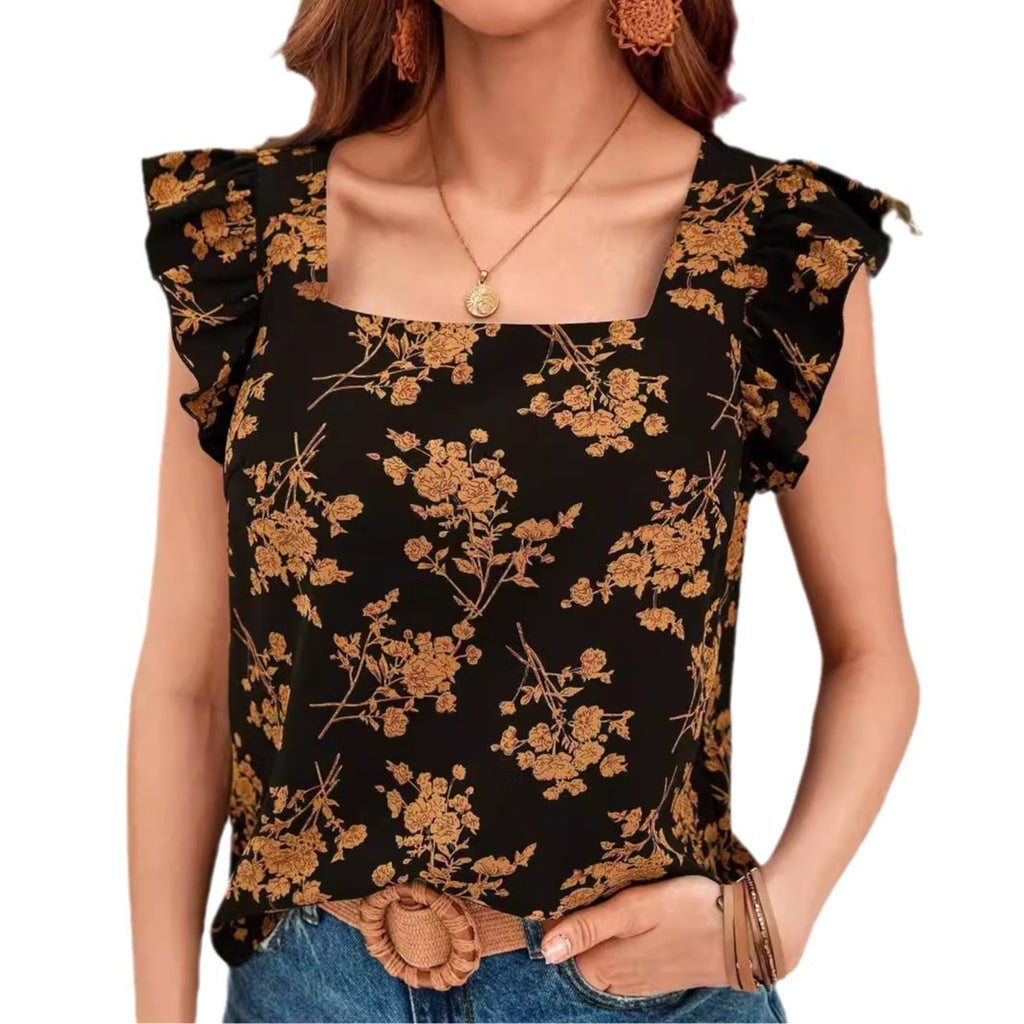 New European And American-style Printed Ruffled Short-sleeve Shirt