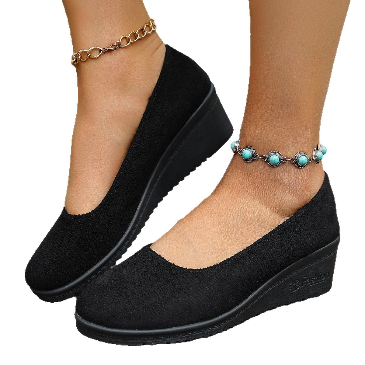 Shallow-toe Round-toe Slip-on Suede Wedge Shoes
