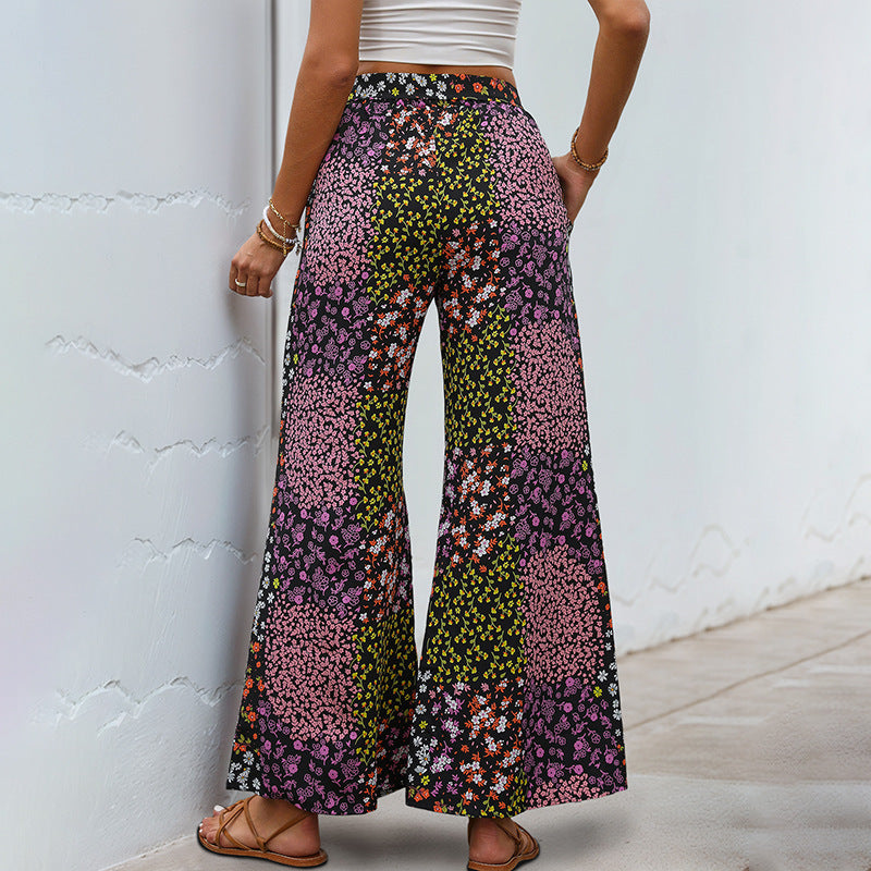 Lace-up Printed Elegant High-waisted Wide-leg Pants Women