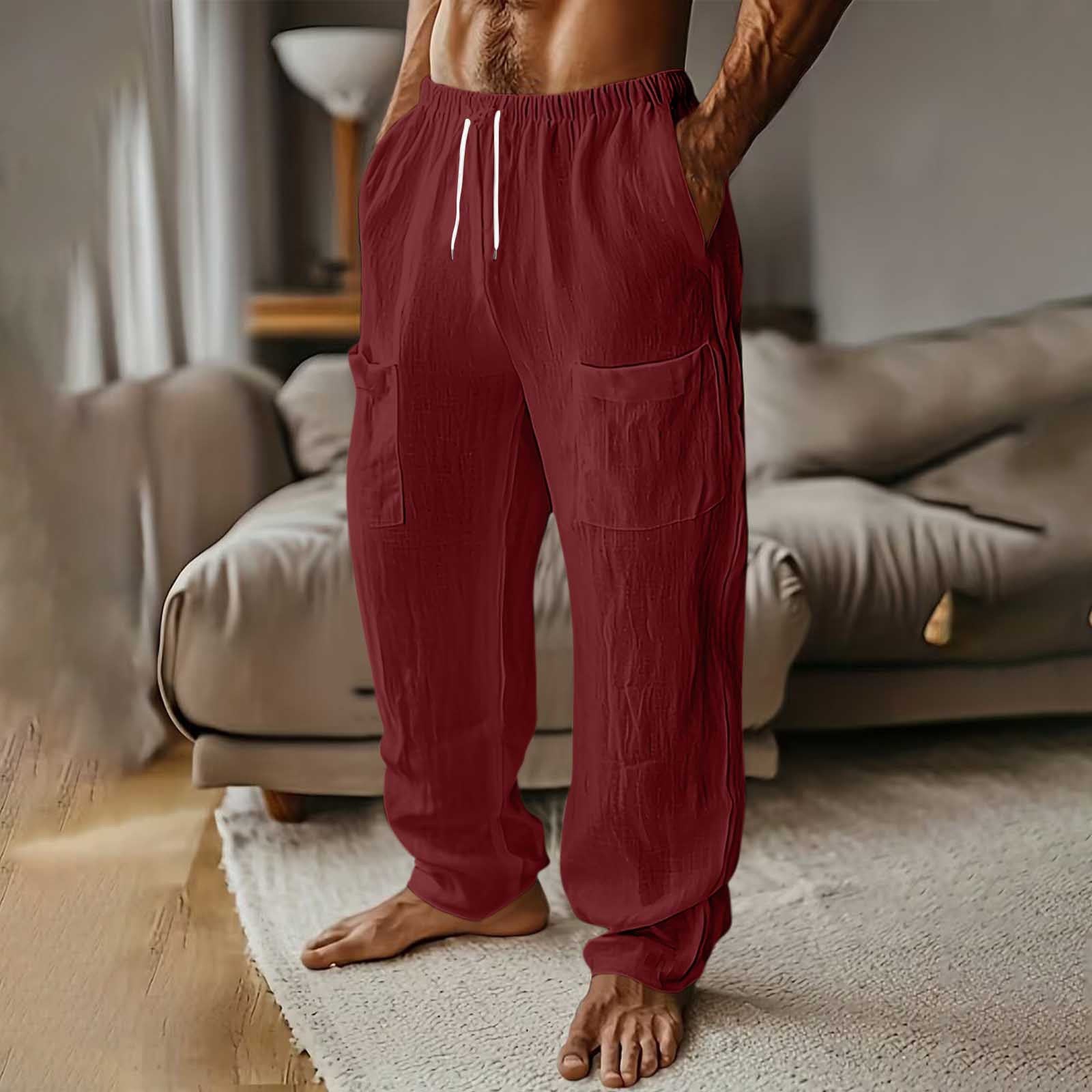 Mens Fashion Cotton-Linen Solid Color Multi-Pocket Elastic Waist Drawstring Casual Straight-Leg Trousers