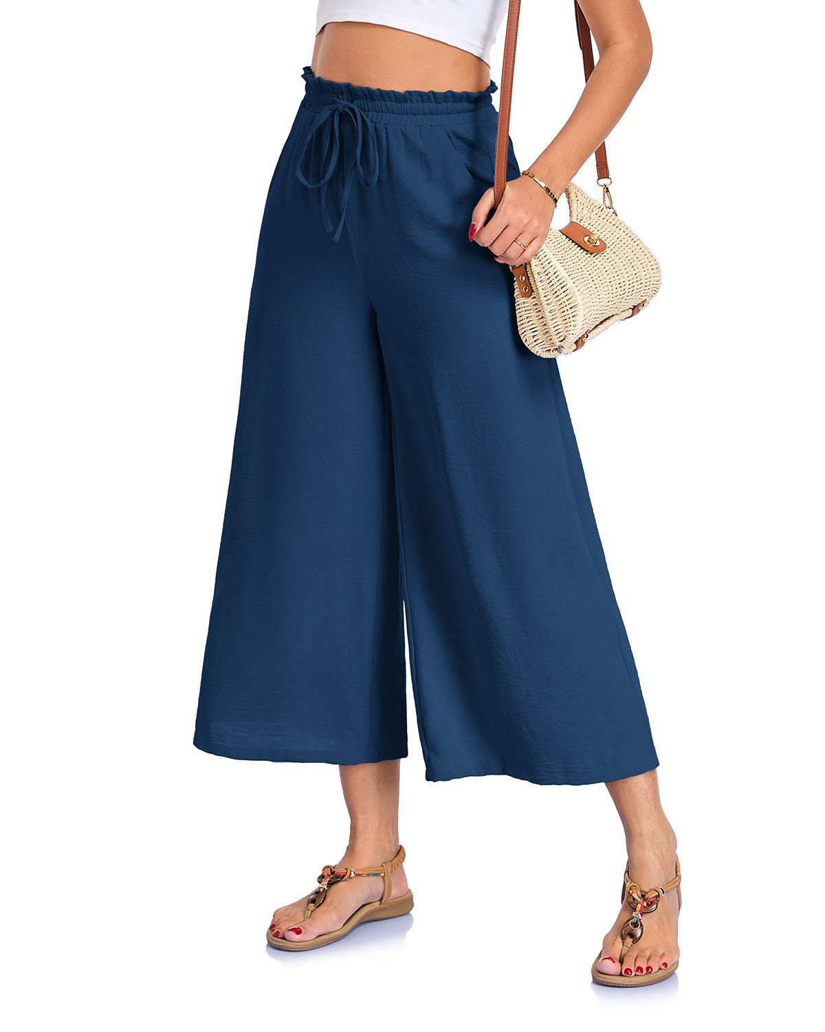 Fashionable Loose-fitting Capri Wide-leg Pants With Pockets And An Elastic Waistband