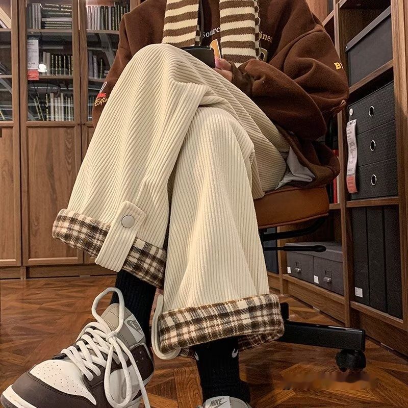 Plaid-cuffed Straight-leg Loose-fit Vintage Mens Casual Trousers