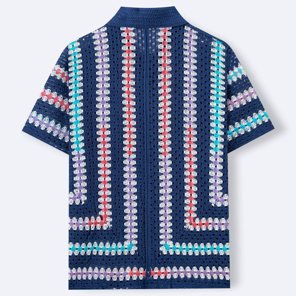 Mens Hollow-Out Cardigan Short-Sleeve Lapel Water-Soluble Knit Top