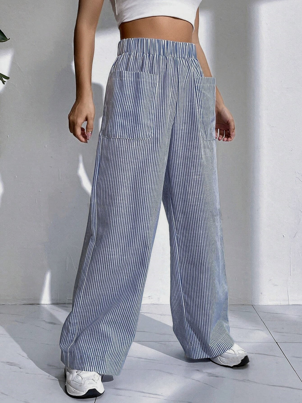 Womens Striped Plaid Printed Wide-Leg Pants