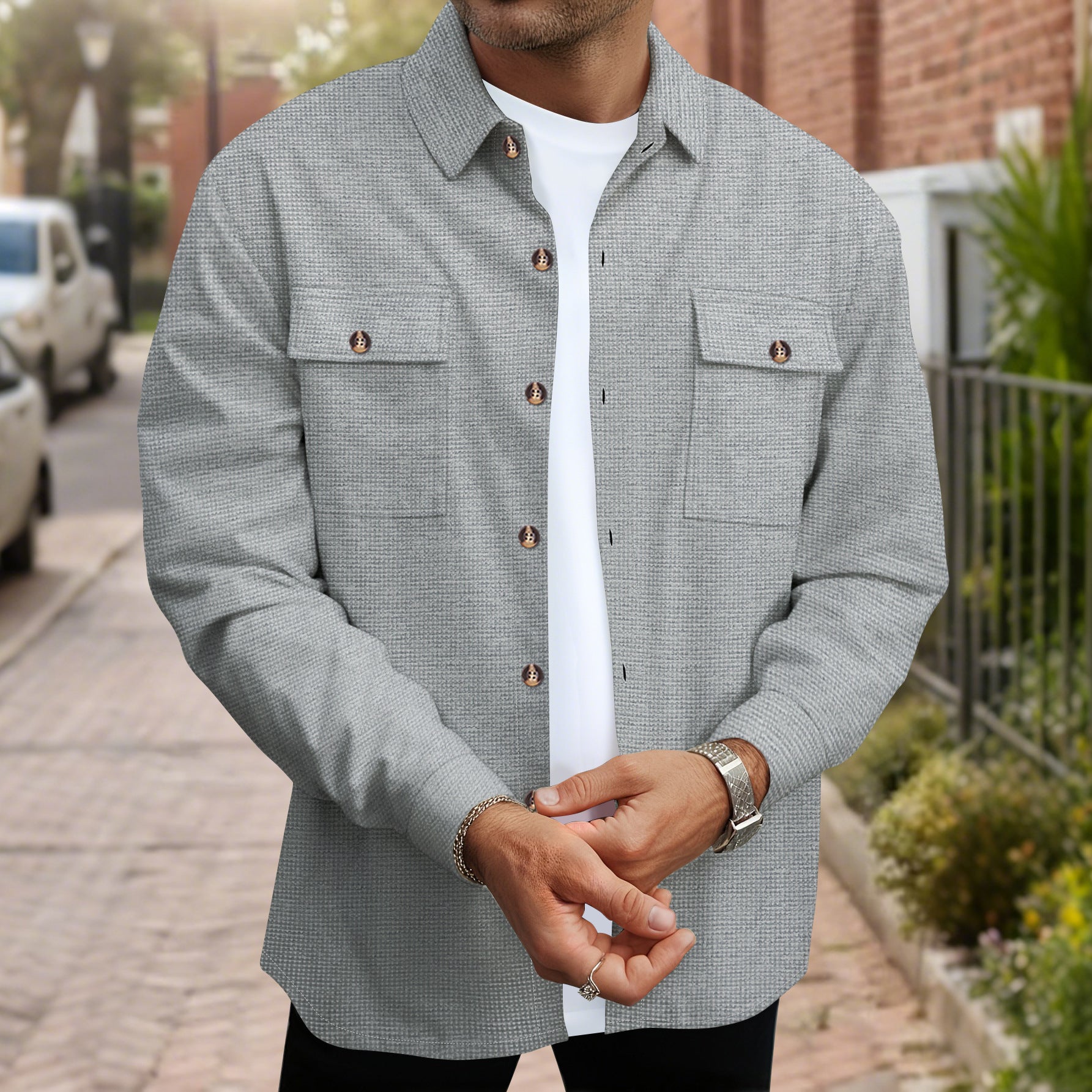Men's Solid Color Waffle Double Pocket Button-up Long Sleeve Casual Shirt