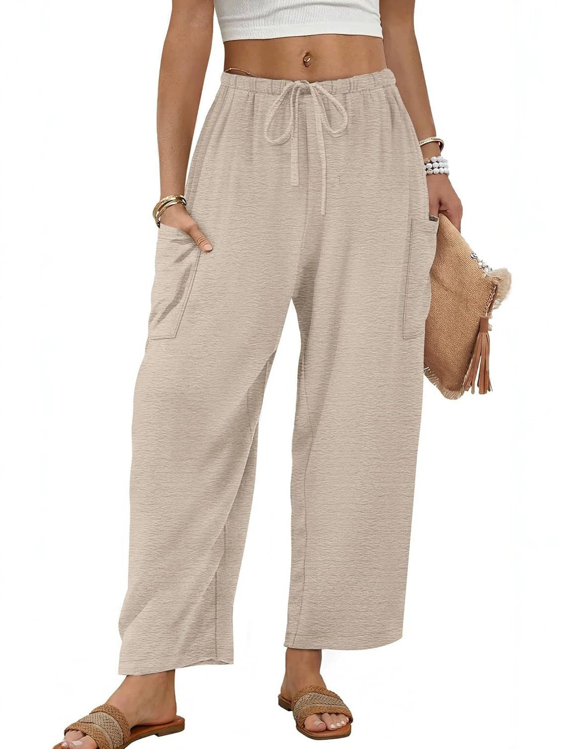 Women's Linen Pants With Belt And Pockets